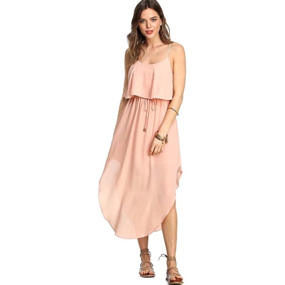 Ruffled Overlay Long Side Slits Spaghetti Strap Tie Front Blush Dress - Picture 2 of 7
